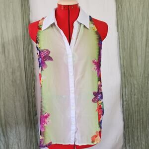 Decree Green Tropical Button Up Sheer Lightweight Blouse Size M